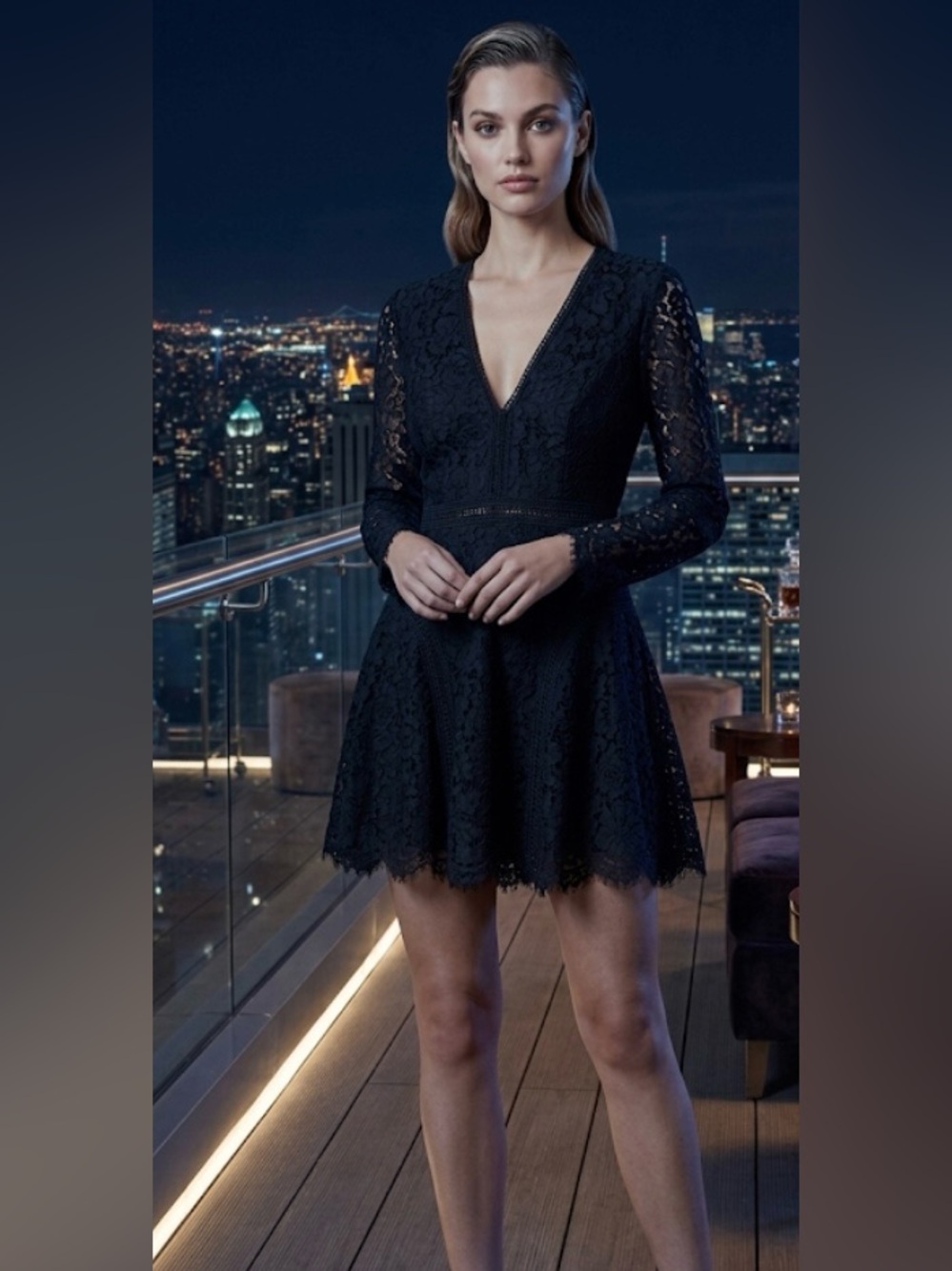 NWT Bardot Black Lace Long Sleeve Mini Dress Cocktail V-Neck Fit & Flare Size 8